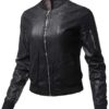black leather embroidered bomber jacket women