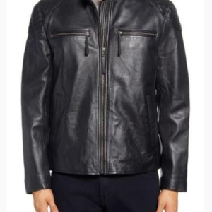 Quilted Shoulder Lambskin Leather Moto Jacket